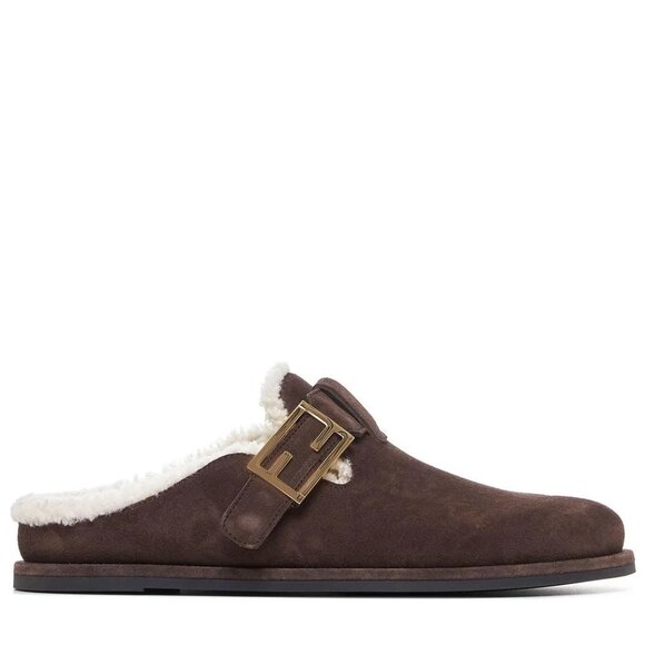 FENDI Feel FF Shearling  Buckled Sabots Mules Slides Flat Clog Sandals - Picture 2 of 16